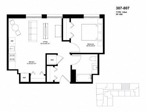 Floor plan for 1 bed, 1 bath, 635 sqft