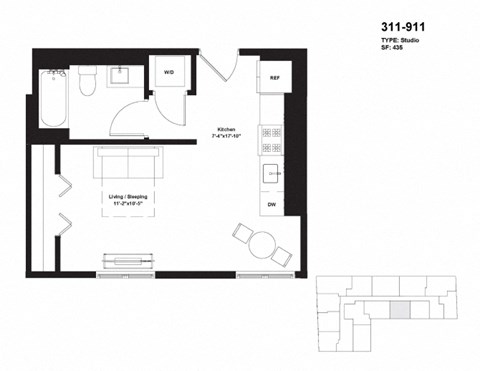 Floor plan for studio, 1 bath, 435 sqft