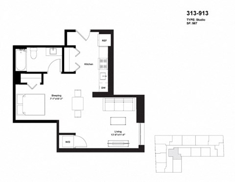 Floor plan for 1 bed, 1 bath, 567 sqft