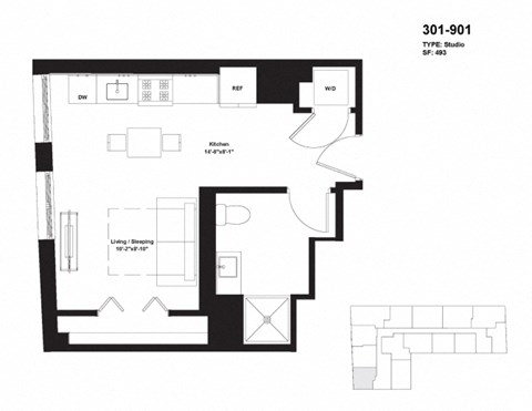 Floor plan for studio, 1 bath, 493 sqft