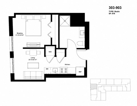 Floor plan for 1 bed, 1 bath, 516 sqft