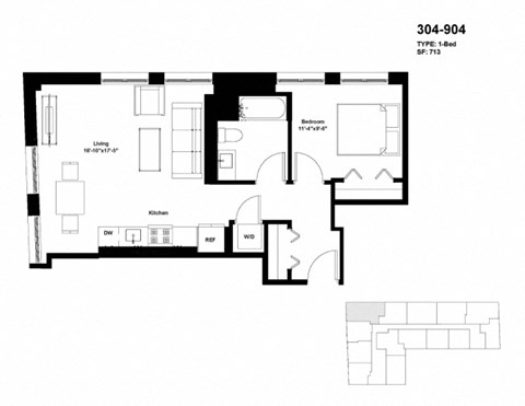 Floor plan for 1 bed, 1 bath, 713 sqft