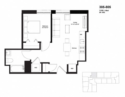 Floor plan for 1 bed, 1 bath, 543 sqft