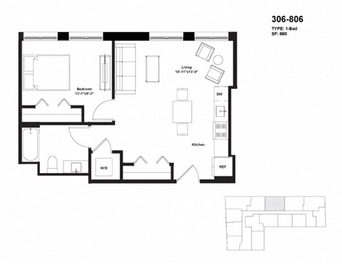 Floor plan for 1 bed, 1 bath, 668 sqft