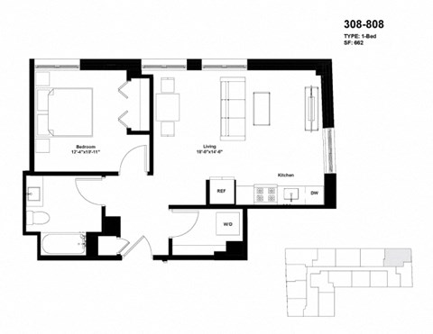 Floor plan for 1 bed, 1 bath, 662 sqft