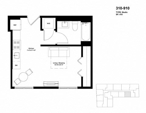 Floor plan for studio, 1 bath, 418 sqft