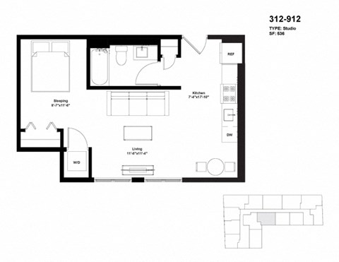 Floor plan for 1 bed, 1 bath, 536 sqft