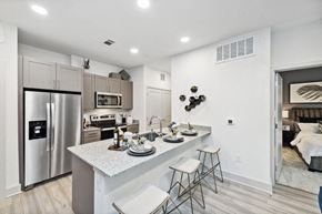 Aubrey apartment for rent - Luxury Apartments for Rent in Aubrey, TX - Aubrey Junction Apartments - Contemporary Kitchen With Granite Breakfast Bar, Stainless Steel Appliances, Bar Stools, And Open View To Bedroom