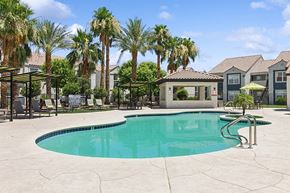 Las Vegas apartment for rent - Dog-Friendly Apartments in East Las Vegas NV - Monterra - Resort Style Swimming Pool With Palm Trees, Lounge Chairs, Shaded Seating, And Community Buildings Under Blue