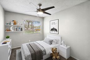 Tucson apartment for rent - Apartments for Rent in South Tucson, AZ - Solano Springs - A Bedroom With A White Bed, Nightstand, Ceiling Fan, Floating Shelves, Framed Art, And Window With Blinds.