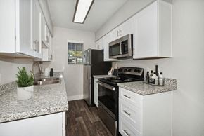 Mesa apartment for rent - Mesa, AZ, Apartments Near Target - The District at Fiesta Park - A Kitchen With White Cabinets, Granite Countertops, Stainless Steel Appliances, And Wood Style Flooring.