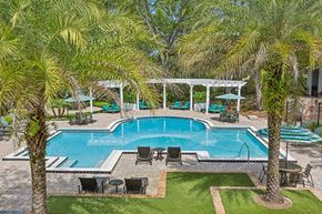 Tampa apartment for rent - Aerial View of Community Swimming Pool with Pool Furniture at Grand Pavilion Apartments in Tampa, FL.