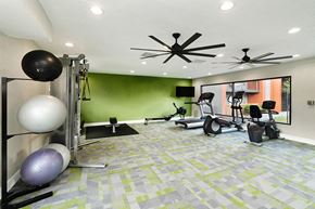 Albuquerque apartment for rent - Northeast Albuquerque, NM, Apartments Near University of New Mexico - Indigo Park - Modern Fitness Center With Cardio Machines, Free Weights, Exercise Balls, And Large Window Views.