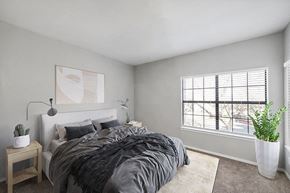 Lewisvillle apartment for rent - Lewisville, TX, Pet-Friendly Apartments - Bridges at Oakbend - Bright Bedroom With Upholstered Bed, Gray Bedding, Nightstand, Large Window With Blinds, Neutral Carpeting, And A Potted Plant.