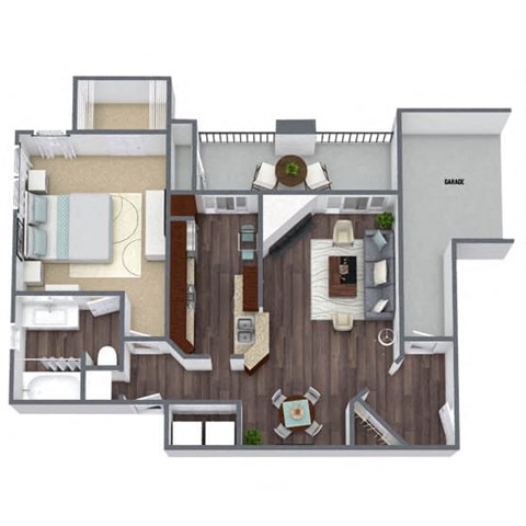 Floor plan for 1 bed, 1 bath, 844 sqft