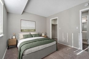 Aurora apartment for rent - Model Bedroom with Carpet and attached Bathroom at Liberty Creek Apartments in Aurora, CO.