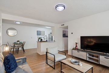 Jacksonville apartment for rent - A modern living room with a grey sofa, a wooden coffee table, a flat screen TV, and a dining table with chairs.