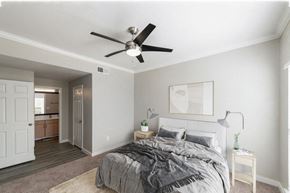 Dallas apartment for rent - North Dallas, TX Apartments Near Arbor Hills Nature Preserve - Essence North Dallas - Bright Bedroom With Plush Carpet, Nightstands With Lamps, Ceiling Fan, And Private Bath Entry.