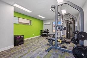 Avondale apartment for rent - Avondale, AZ, Affordable Apartments Near Sam's Club - The Peaks on 4th - A Fitness Room With Strength Training Machine, Free Weights, Plyometric Box, And Green Accent Wall.