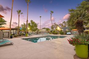 Tucson apartment for rent - East Tucson, AZ, Pet-Friendly Apartments - Lakeside Casitas - A Swimming Pool With A Spacious Sundeck, Lounge Chairs, Orange Umbrellas, And Palm Trees.