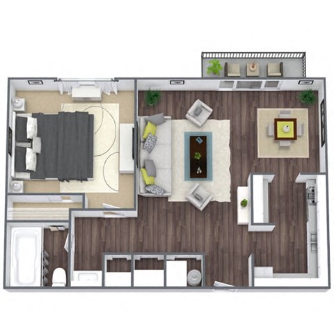 Floor plan for 1 bed, 1 bath, 735 sqft