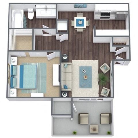 Floor plan for 1 bed, 1 bath, 602 sqft