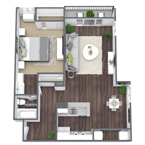 Floor plan for 1 bed, 1 bath, 843 sqft