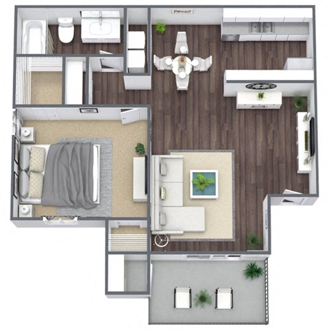 Floor plan for 1 bed, 1 bath, 653 sqft
