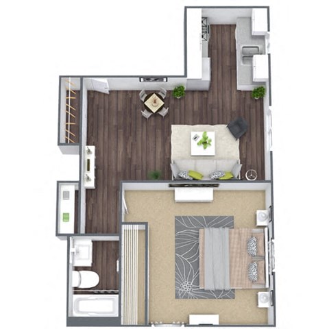 Floor plan for 1 bed, 1 bath, 590 sqft