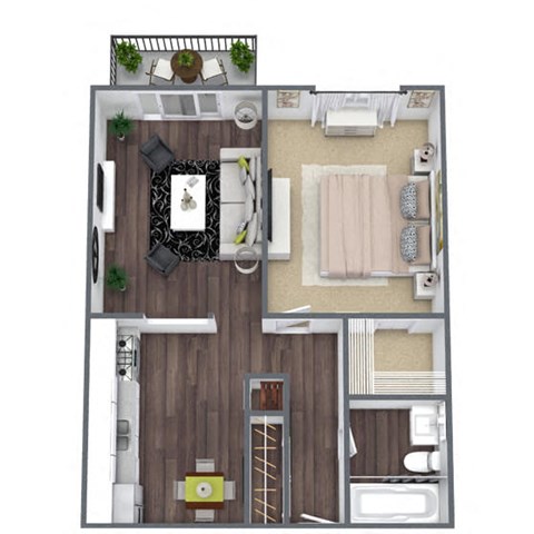 Floor plan for 1 bed, 1 bath, 595 sqft
