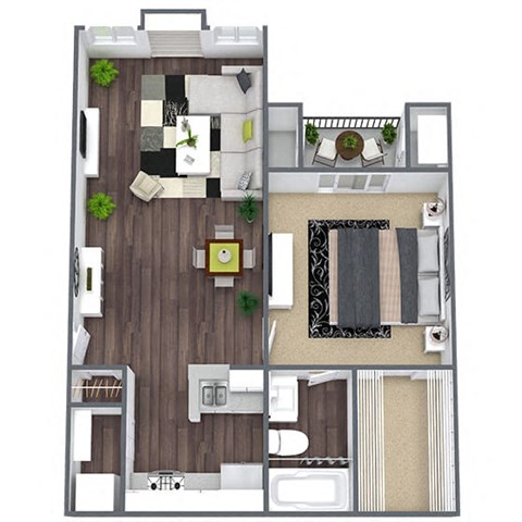Floor plan for 1 bed, 1 bath, 615 sqft