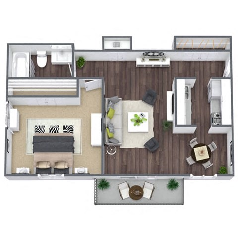 Floor plan for 1 bed, 1 bath, 685 sqft