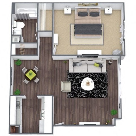 Floor plan for 1 bed, 1 bath, 730 sqft