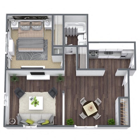 Floor plan for 1 bed, 1 bath, 740 sqft