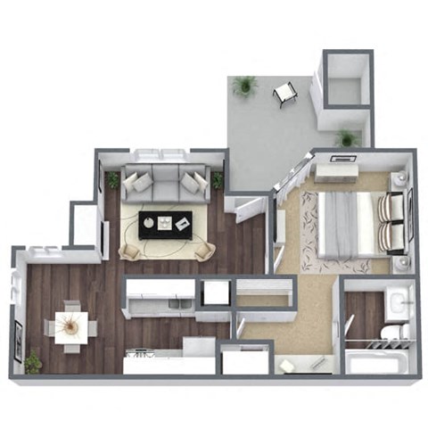 Floor plan for 1 bed, 1 bath, 614 sqft