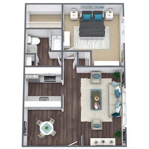 Floor plan for 1 bed, 1 bath, 651 sqft