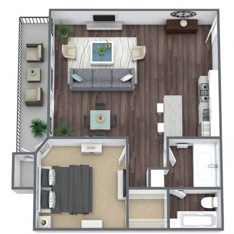 Floor plan for 1 bed, 1 bath, 647 sqft