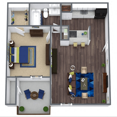 Floor plan for 1 bed, 1 bath, 731 sqft
