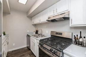 Albuquerque apartment for rent - Northeast Albuquerque, NM, Pet-Friendly Apartments - Indigo Park - Galley Kitchen With White Cabinets, Stainless Gas Range, Double Sink, And Long Countertops Under Bright Ceiling Light.