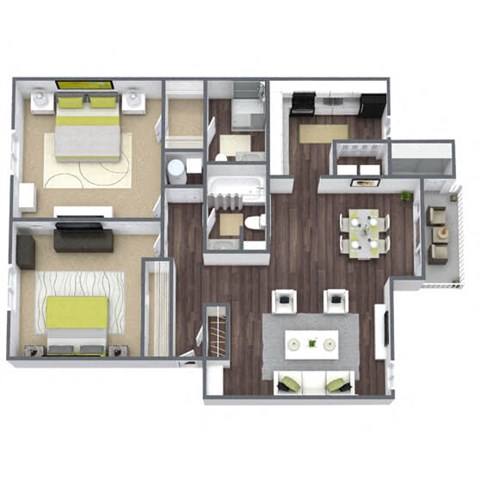 Floor plan for 2 beds, 2 baths, 1048 sqft