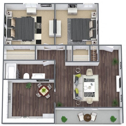 Floor plan for 2 beds, 1 bath, 837 sqft