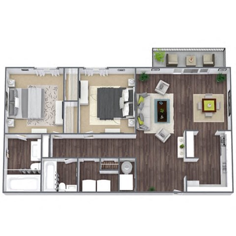 Floor plan for 2 beds, 2 baths, 1000 sqft