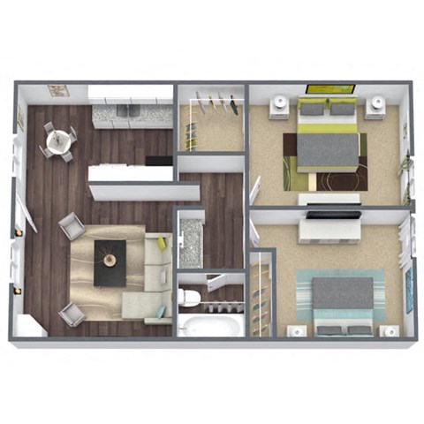 Floor plan for 2 beds, 1 bath, 930 sqft