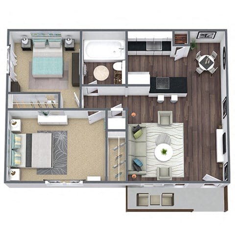 Floor plan for 2 beds, 1 bath, 900 sqft