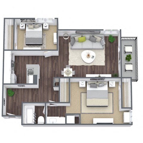 Floor plan for 2 beds, 1 bath, 843 sqft