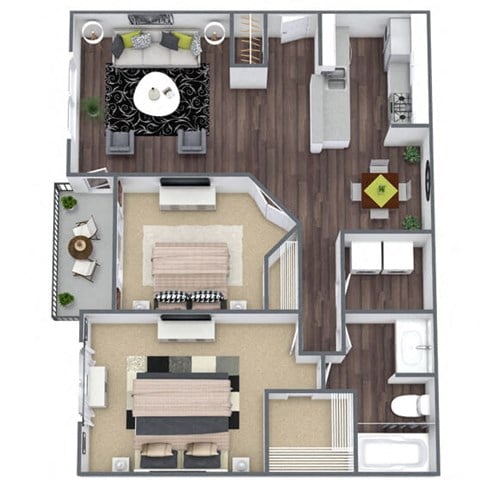 Floor plan for 2 beds, 1 bath, 885 sqft