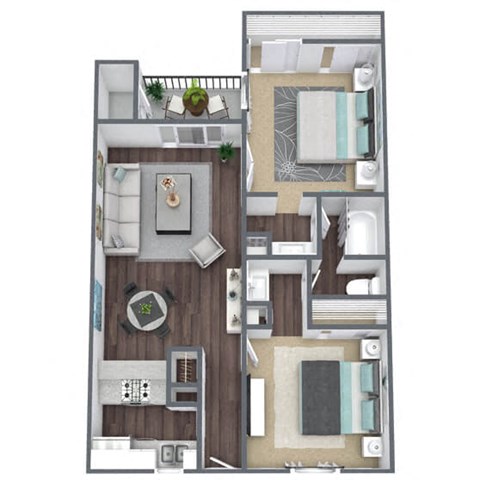 Floor plan for 2 beds, 1 bath, 835 sqft