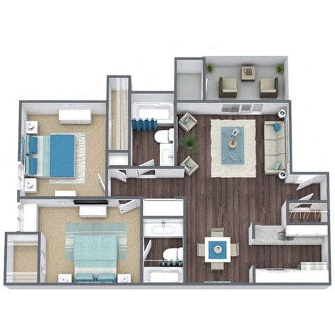Floor plan for 2 beds, 2 baths, 802 sqft