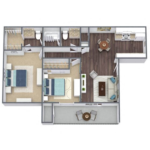Floor plan for 2 beds, 2 baths, 809 sqft