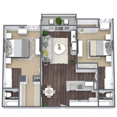 Floor plan for 2 beds, 2 baths, 1048 sqft